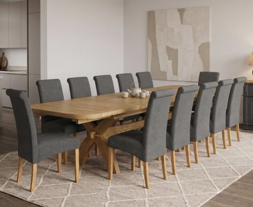 View Extending olympia 180cm solid oak dining table with 12 charcoal grey scroll back chairs View Extending olympia 180cm solid oak dining table with 12 charcoal grey scroll back chairs