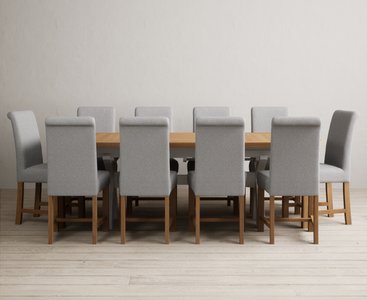 View Extending olympia 180cm oak and soft white painted dining table with 10 grey braced chairs View Extending olympia 180cm oak and soft white painted dining table with 10 grey braced chairs