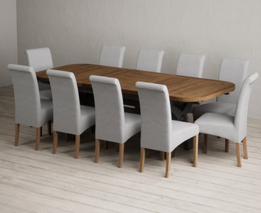 View Extending olympia 180cm oak and charcoal grey dining table with 10 grey scroll back chairs View Extending olympia 180cm oak and charcoal grey dining table with 10 grey scroll back chairs