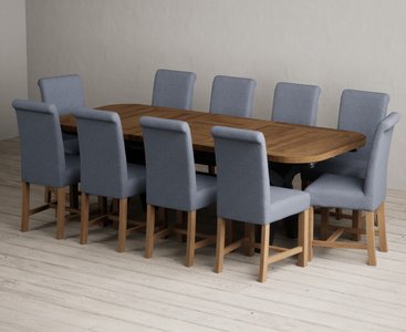 View Extending olympia 180cm oak and dark blue dining table with 10 blue braced chairs View Extending olympia 180cm oak and dark blue dining table with 10 blue braced chairs