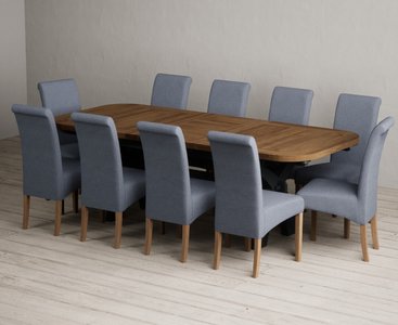 View Extending olympia 180cm oak and dark blue dining table with 10 blue scroll back chairs View Extending olympia 180cm oak and dark blue dining table with 10 blue scroll back chairs