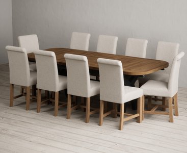 View Extending olympia 180cm oak and dark blue dining table with 10 natural braced chairs View Extending olympia 180cm oak and dark blue dining table with 10 natural braced chairs