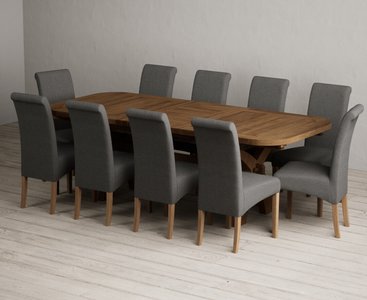 View Extending olympia 180cm rustic solid oak dining table with 10 charcoal grey scroll back chairs View Extending olympia 180cm rustic solid oak dining table with 10 charcoal grey scroll back chairs