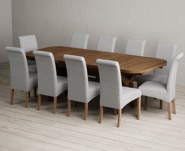 View Extending olympia 180cm rustic solid oak dining table with 10 grey scroll back chairs View Extending olympia 180cm rustic solid oak dining table with 10 grey scroll back chairs