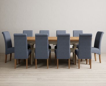 View Extending olympia 180cm oak and cream painted dining table with 10 blue scroll back chairs View Extending olympia 180cm oak and cream painted dining table with 10 blue scroll back chairs