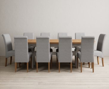 View Extending olympia 180cm oak and soft white painted dining table with 10 grey scroll back chairs View Extending olympia 180cm oak and soft white painted dining table with 10 grey scroll back chairs