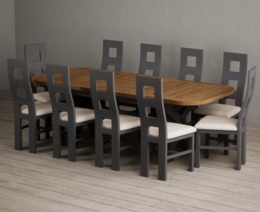 View Extending olympia 180cm oak and charcoal grey dining table with 10 linen painted chairs View Extending olympia 180cm oak and charcoal grey dining table with 10 linen painted chairs