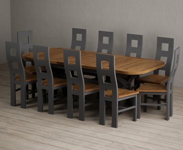View Extending olympia 180cm oak and charcoal grey dining table with 10 rustic oak painted chairs View Extending olympia 180cm oak and charcoal grey dining table with 10 rustic oak painted chairs