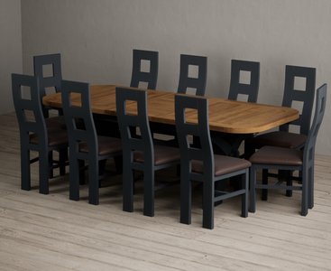 View Extending olympia 180cm oak and dark blue dining table with 10 brown painted chairs View Extending olympia 180cm oak and dark blue dining table with 10 brown painted chairs