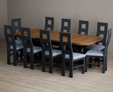 View Extending olympia 180cm oak and dark blue dining table with 10 blue painted chairs View Extending olympia 180cm oak and dark blue dining table with 10 blue painted chairs