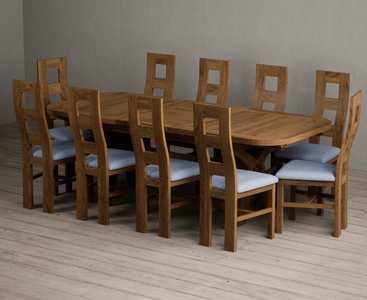 View Extending olympia 180cm rustic solid oak dining table with 10 blue rustic solid oak chairs View Extending olympia 180cm rustic solid oak dining table with 10 blue rustic solid oak chairs