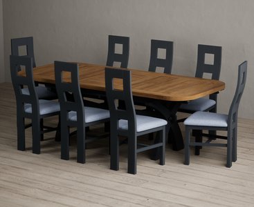 View Extending olympia 180cm oak and dark blue dining table with 8 blue painted chairs View Extending olympia 180cm oak and dark blue dining table with 8 blue painted chairs