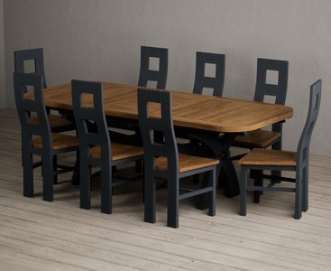 View Extending olympia 180cm oak and dark blue dining table with 8 rustic oak painted chairs View Extending olympia 180cm oak and dark blue dining table with 8 rustic oak painted chairs