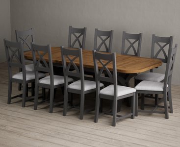 View Extending olympia 180cm oak and charcoal grey dining table with 10 light grey painted chairs View Extending olympia 180cm oak and charcoal grey dining table with 10 light grey painted chairs