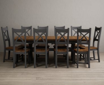 View Extending olympia 180cm oak and charcoal grey dining table with 10 rustic oak painted chairs View Extending olympia 180cm oak and charcoal grey dining table with 10 rustic oak painted chairs