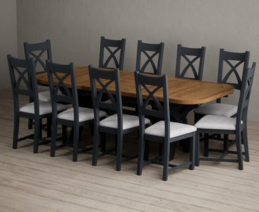 View Extending olympia 180cm oak and dark blue dining table with 10 light grey painted chairs View Extending olympia 180cm oak and dark blue dining table with 10 light grey painted chairs