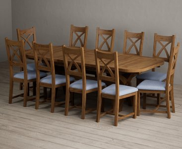 View Extending olympia 180cm rustic solid oak dining table with 10 blue rustic solid oak chairs View Extending olympia 180cm rustic solid oak dining table with 10 blue rustic solid oak chairs