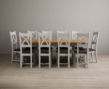 View Extending olympia 180cm oak and soft white painted dining table with 10 brown painted chairs View Extending olympia 180cm oak and soft white painted dining table with 10 brown painted chairs