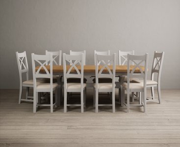 View Extending olympia 180cm oak and soft white painted dining table with 10 linen painted chairs View Extending olympia 180cm oak and soft white painted dining table with 10 linen painted chairs