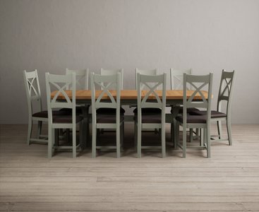 View Extending olympia 180cm oak and soft green dining table with 10 brown painted chairs View Extending olympia 180cm oak and soft green dining table with 10 brown painted chairs