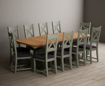 View Extending olympia 180cm oak and soft green dining table with 10 charcoal grey painted chairs View Extending olympia 180cm oak and soft green dining table with 10 charcoal grey painted chairs