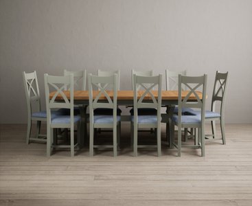 View Extending olympia 180cm oak and soft green dining table with 10 blue painted chairs View Extending olympia 180cm oak and soft green dining table with 10 blue painted chairs