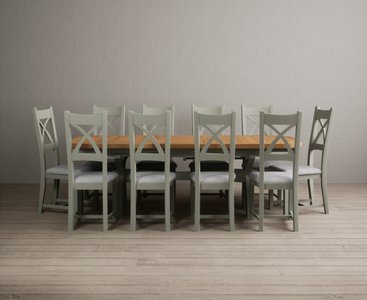 View Extending olympia 180cm oak and soft green dining table with 10 light grey painted chairs View Extending olympia 180cm oak and soft green dining table with 10 light grey painted chairs