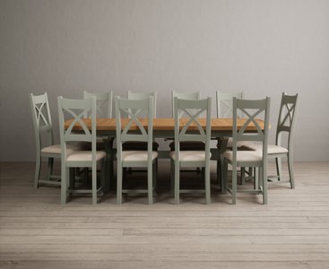 View Extending olympia 180cm oak and soft green dining table with 10 linen painted chairs View Extending olympia 180cm oak and soft green dining table with 10 linen painted chairs
