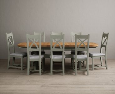 View Extending olympia 180cm oak and soft green dining table with 8 light grey painted chairs View Extending olympia 180cm oak and soft green dining table with 8 light grey painted chairs