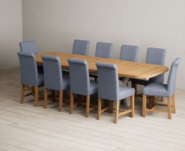 View Extending olympia 180cm oak and soft white painted dining table with 10 blue braced chairs View Extending olympia 180cm oak and soft white painted dining table with 10 blue braced chairs