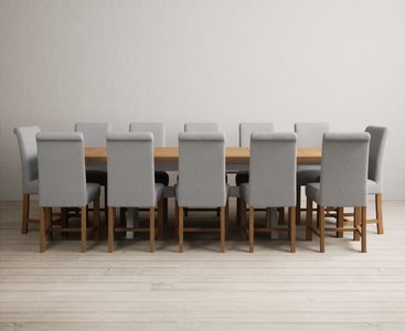 View Extending olympia 180cm oak and soft white painted dining table with 12 grey braced chairs View Extending olympia 180cm oak and soft white painted dining table with 12 grey braced chairs