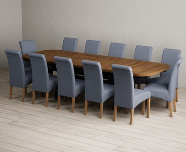 View Extending olympia 180cm oak and dark blue dining table with 12 blue scroll back chairs View Extending olympia 180cm oak and dark blue dining table with 12 blue scroll back chairs