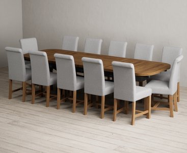 View Extending olympia 180cm oak and dark blue dining table with 12 grey braced chairs View Extending olympia 180cm oak and dark blue dining table with 12 grey braced chairs