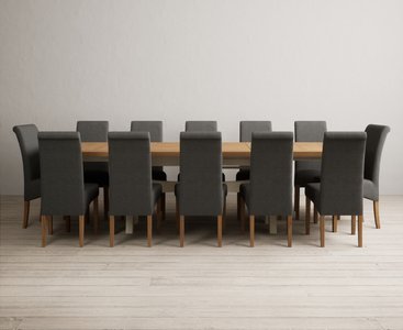 View Extending olympia 180cm oak and cream painted dining table with 12 charcoal grey scroll back chairs View Extending olympia 180cm oak and cream painted dining table with 12 charcoal grey scroll back chairs