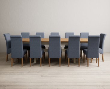 View Extending olympia 180cm oak and cream painted dining table with 12 blue scroll back chairs View Extending olympia 180cm oak and cream painted dining table with 12 blue scroll back chairs