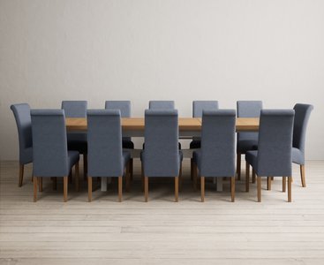 View Extending olympia 180cm oak and soft white painted dining table with 12 blue scroll back chairs View Extending olympia 180cm oak and soft white painted dining table with 12 blue scroll back chairs