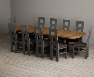 View Extending olympia 180cm oak and charcoal grey dining table with 12 brown painted chairs View Extending olympia 180cm oak and charcoal grey dining table with 12 brown painted chairs