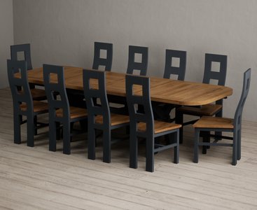 View Extending olympia 180cm oak and dark blue dining table with 10 rustic oak painted chairs View Extending olympia 180cm oak and dark blue dining table with 10 rustic oak painted chairs