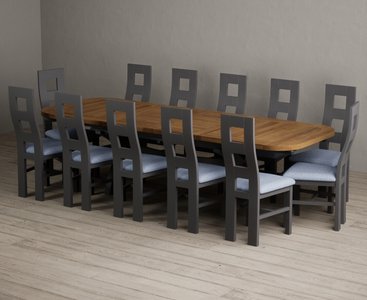 View Extending olympia 180cm oak and charcoal grey dining table with 12 blue painted chairs View Extending olympia 180cm oak and charcoal grey dining table with 12 blue painted chairs