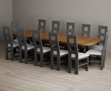 View Extending olympia 180cm oak and charcoal grey dining table with 12 light grey painted chairs View Extending olympia 180cm oak and charcoal grey dining table with 12 light grey painted chairs