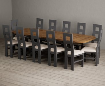 View Extending olympia 180cm oak and charcoal grey dining table with 12 linen painted chairs View Extending olympia 180cm oak and charcoal grey dining table with 12 linen painted chairs
