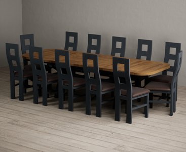 View Extending olympia 180cm oak and dark blue dining table with 12 brown painted chairs View Extending olympia 180cm oak and dark blue dining table with 12 brown painted chairs