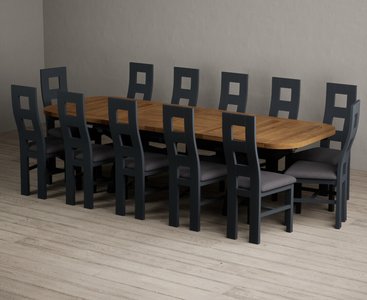 View Extending olympia 180cm oak and dark blue dining table with 12 charcoal grey painted chairs View Extending olympia 180cm oak and dark blue dining table with 12 charcoal grey painted chairs