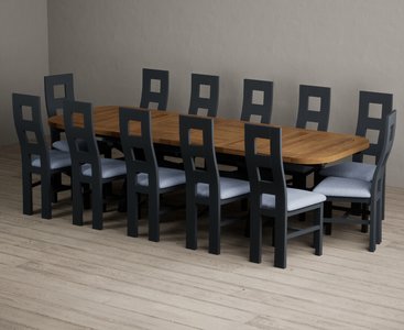 View Extending olympia 180cm oak and dark blue dining table with 12 blue painted chairs View Extending olympia 180cm oak and dark blue dining table with 12 blue painted chairs