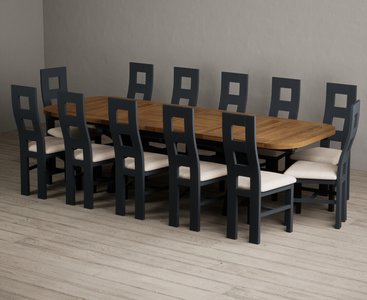 View Extending olympia 180cm oak and dark blue dining table with 12 linen painted chairs View Extending olympia 180cm oak and dark blue dining table with 12 linen painted chairs