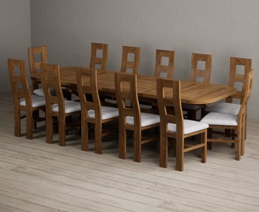 View Extending olympia 180cm rustic solid oak dining table with 12 light grey rustic solid oak chairs View Extending olympia 180cm rustic solid oak dining table with 12 light grey rustic solid oak chairs