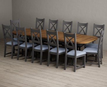 View Extending olympia 180cm oak and charcoal grey dining table with 12 blue painted chairs View Extending olympia 180cm oak and charcoal grey dining table with 12 blue painted chairs