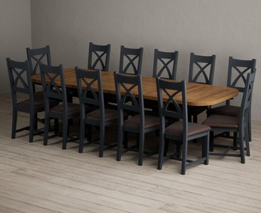 View Extending olympia 180cm oak and dark blue dining table with 12 brown painted chairs View Extending olympia 180cm oak and dark blue dining table with 12 brown painted chairs