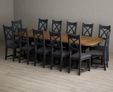 View Extending olympia 180cm oak and dark blue dining table with 12 charcoal grey painted chairs View Extending olympia 180cm oak and dark blue dining table with 12 charcoal grey painted chairs