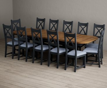 View Extending olympia 180cm oak and dark blue dining table with 12 blue painted chairs View Extending olympia 180cm oak and dark blue dining table with 12 blue painted chairs